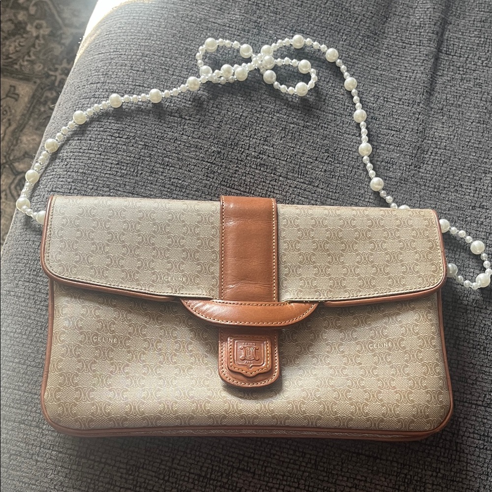 Celine Paris Beige and Caramel Clutch with Pearl Strap